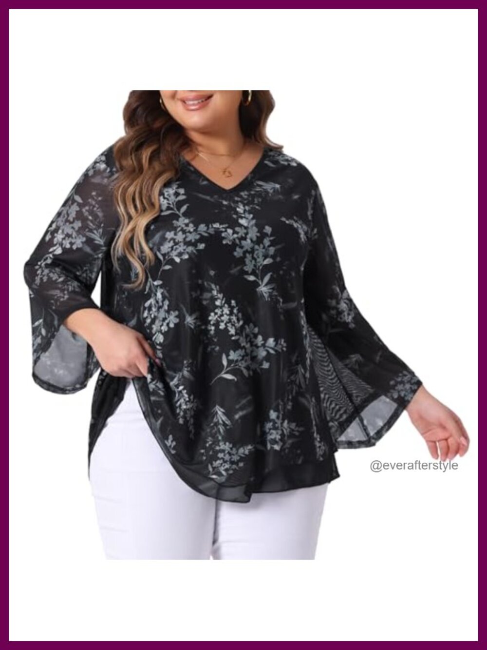 Plus Size Dressy Mesh Tunic Top 3/4 Sleeve Flowy Blouse
